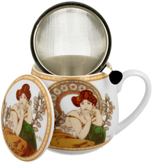 Zestaw kubek porcelanowy baryłka 430 ml Topaz Alfons Mucha z zaparzaczem i pudełkiem prezentowym.