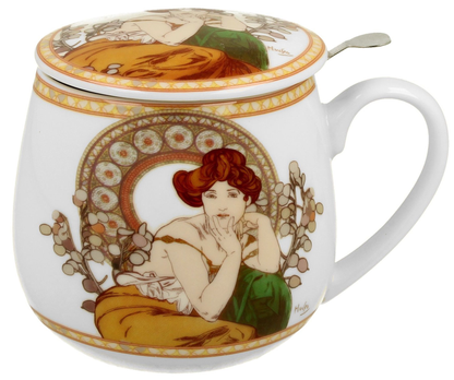 Kubek porcelanowy baryłka 430 ml Topaz Alfons Mucha – z porcelanową pokrywką i zdobieniami secesyjnymi.