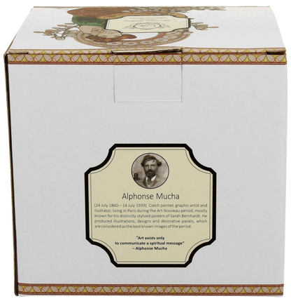 Kubek porcelanowy baryłka 430 ml z zaparzaczem i pokrywką – motyw Alfons Mucha Topaz.
