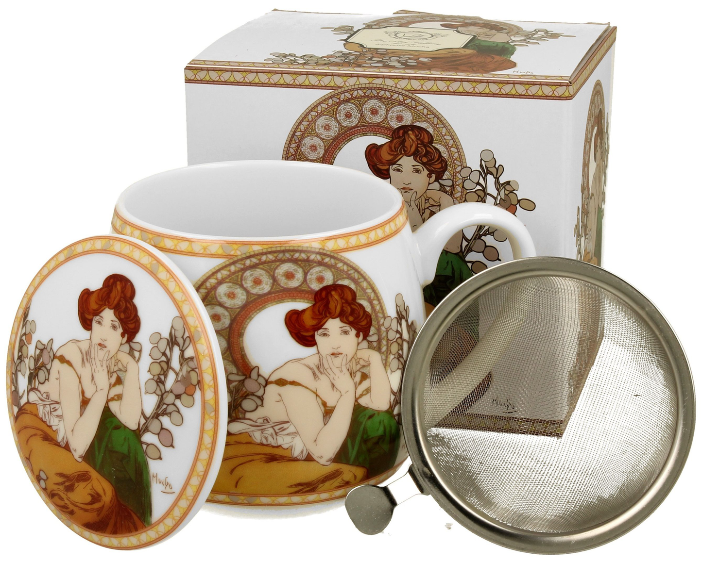 Zestaw kubek porcelanowy baryłka 430 ml Topaz Alfons Mucha z zaparzaczem i pudełkiem prezentowym.