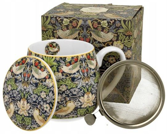 Zestaw kubka Strawberry Thief z zaparzaczem i pokrywką na tle pudełka
