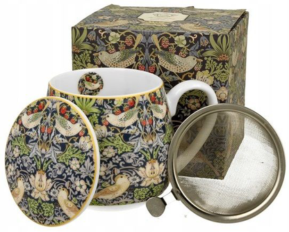 Zestaw kubka Strawberry Thief z zaparzaczem i pokrywką na tle pudełka
