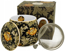 Komplet: porcelanowy kubek baryłka Chrysanthemum W. Morris 430 ml, metalowy zaparzacz, pokrywka oraz ozdobne pudełko.