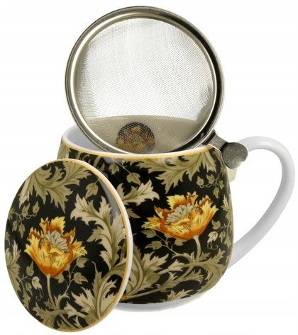 Kubek baryłka porcelanowy Chrysanthemum W. Morris 430 ml z metalowym zaparzaczem i pokrywką, widok w otwartej formie.