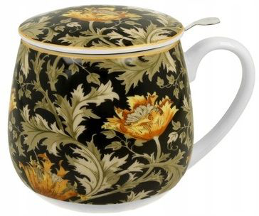 Kubek baryłka porcelanowy Chrysanthemum W. Morris 430 ml z dopasowaną pokrywką, ozdobiony wzorem chryzantem.