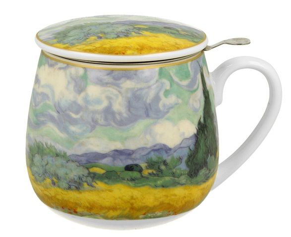 Kubek baryłka Van Gogh z zaparzaczem stalowym i dopasowaną pokrywką.