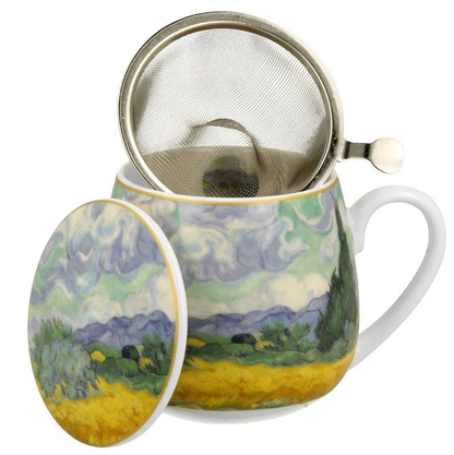 Kubek porcelanowy baryłka z motywem pola pszenicy i porcelanową pokrywką.