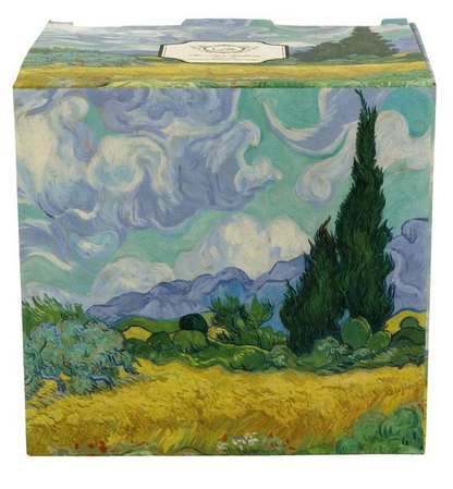 Ozdobne pudełko z reprodukcją obrazu Vincenta van Gogha „Pole pszenicy”.