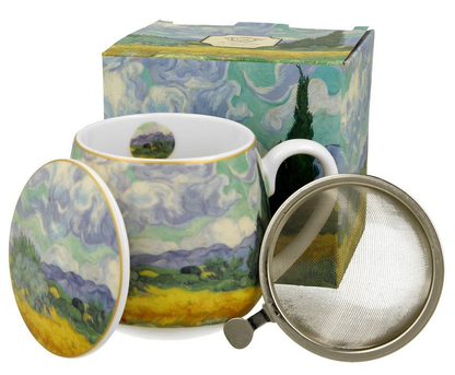 Zestaw kubka Wheat Field Van Gogh z pokrywką, zaparzaczem i dekoracyjnym pudełkiem.
