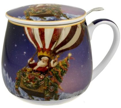 Kubek porcelanowy baryłka z pokrywką, wzór Święty Mikołaj w balonie nad zimowym krajobrazem.