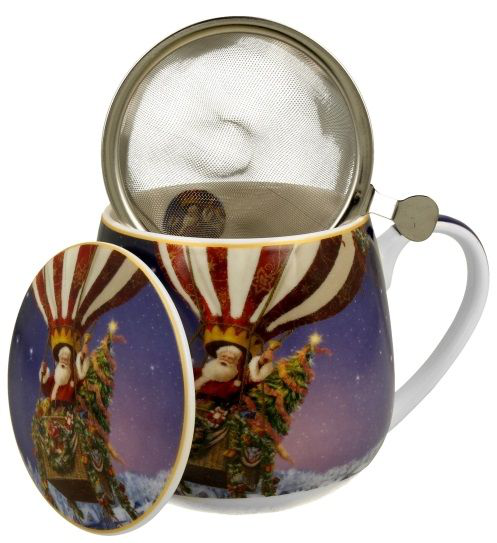 Kubek porcelanowy z zaparzaczem ze stali nierdzewnej i pokrywką, świąteczny motyw Santa Ballon.