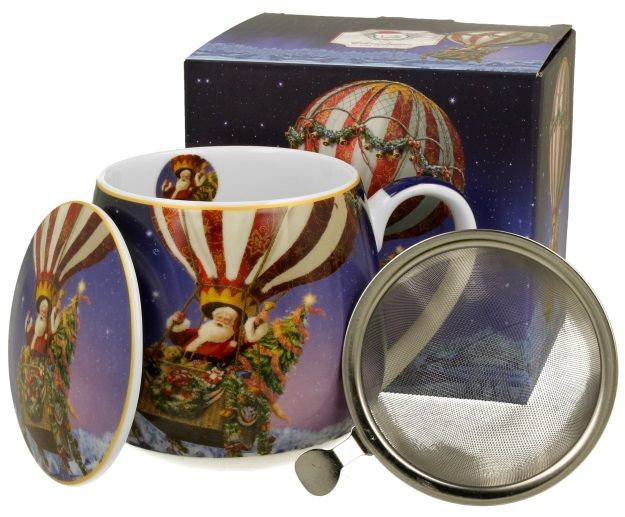 Zestaw kubek baryłka z zaparzaczem, pokrywką i ozdobnym pudełkiem, świąteczny wzór Santa Ballon.