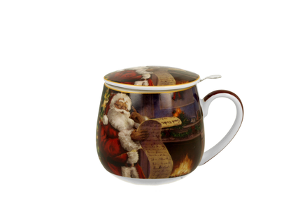 Kubek porcelanowy baryłka Santa Letter z pokrywką i wzorem Świętego Mikołaja.