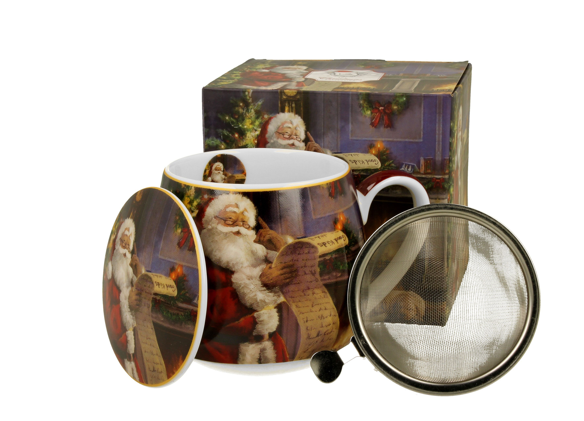 Zestaw kubek porcelanowy baryłka Santa Letter z zaparzaczem i pudełkiem.
