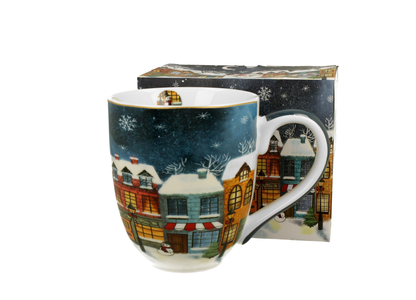 Zestaw prezentowy kubek porcelanowy Christmas City 1000 ml z pudełkiem w świątecznym stylu.