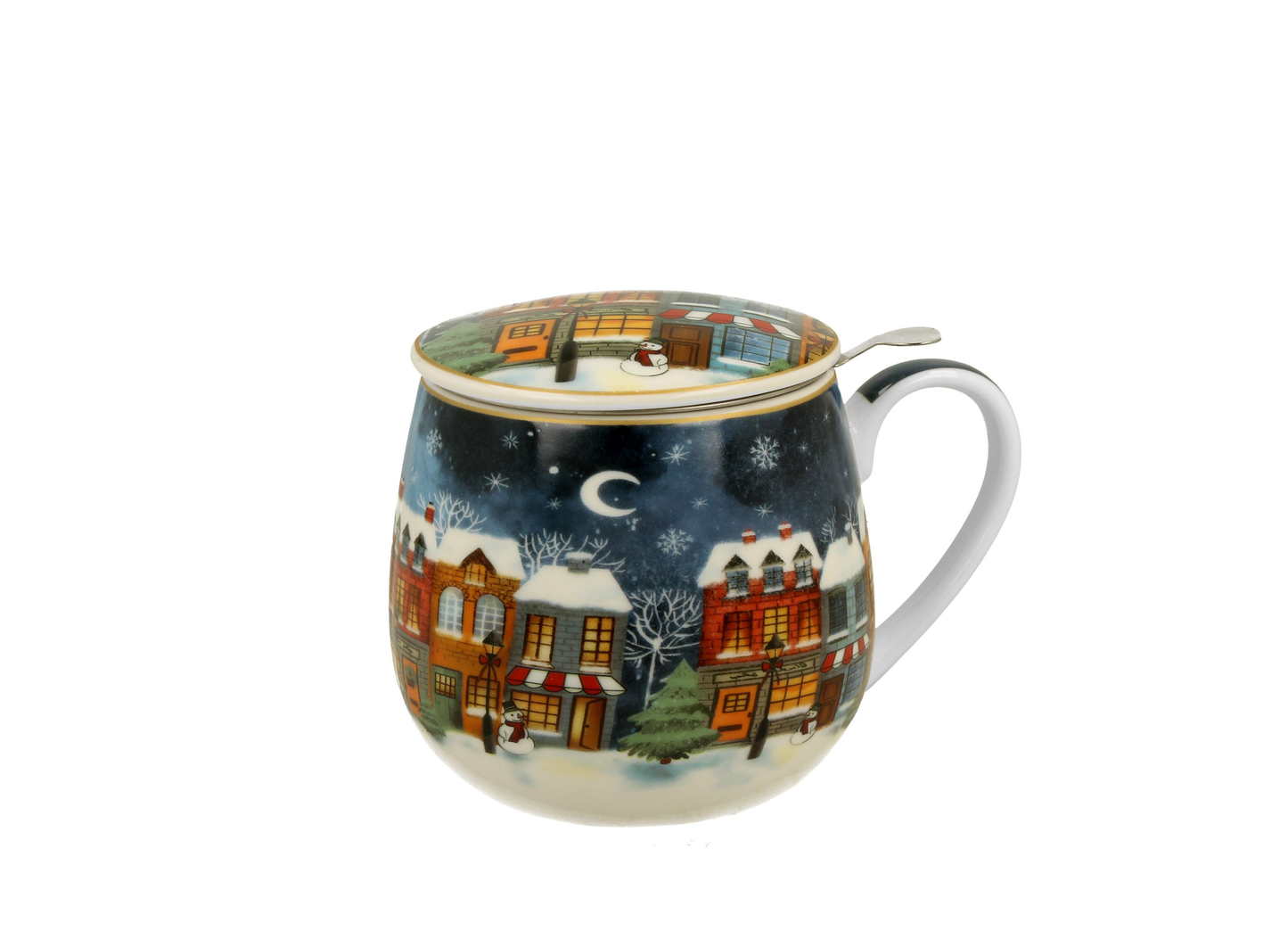 Kubek porcelanowy baryłka Christmas City z pokrywką, ozdobiony zimowym miasteczkiem