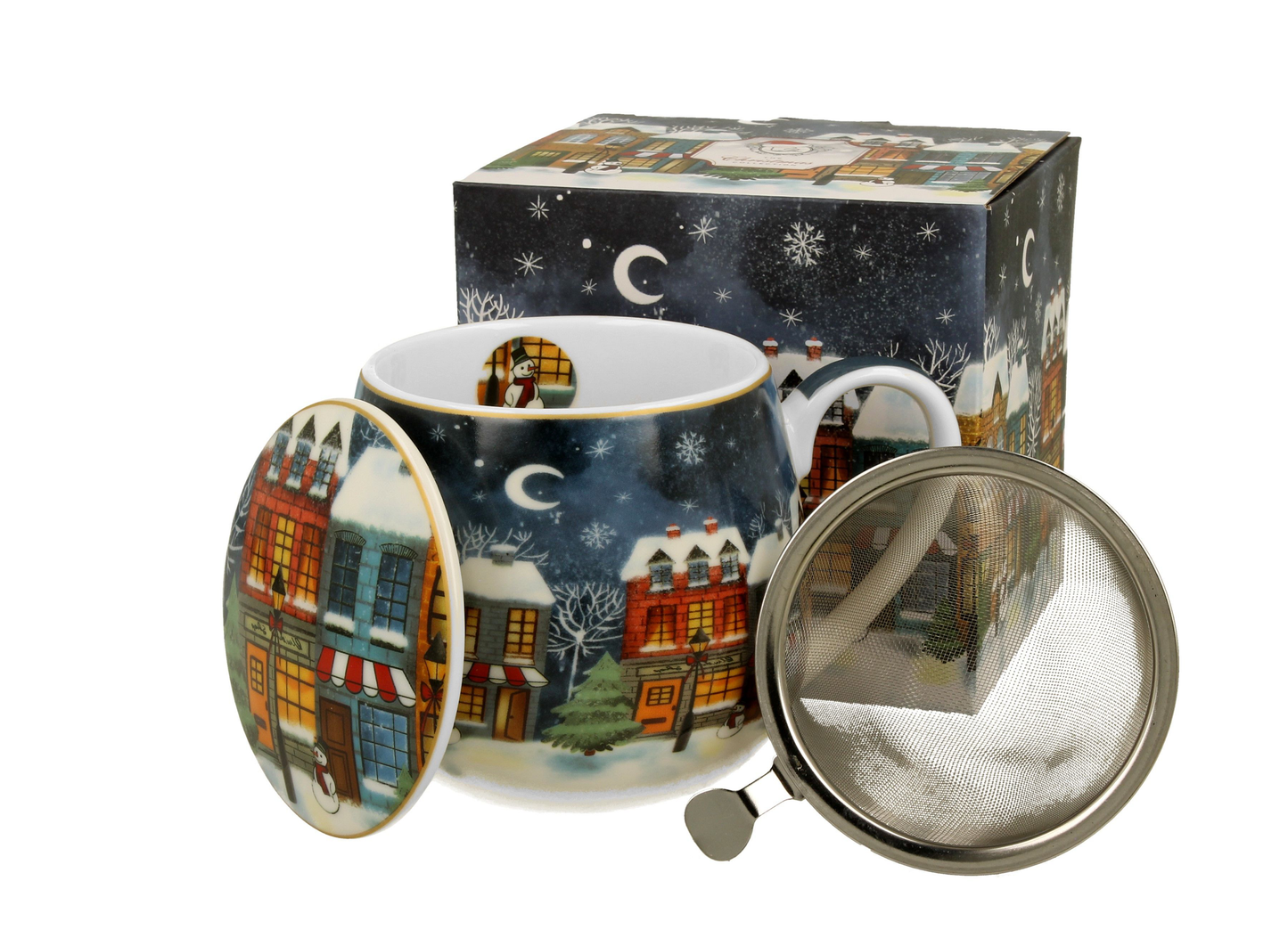 Zestaw kubek baryłka z zaparzaczem i pudełkiem Christmas City, wzór świąteczny
