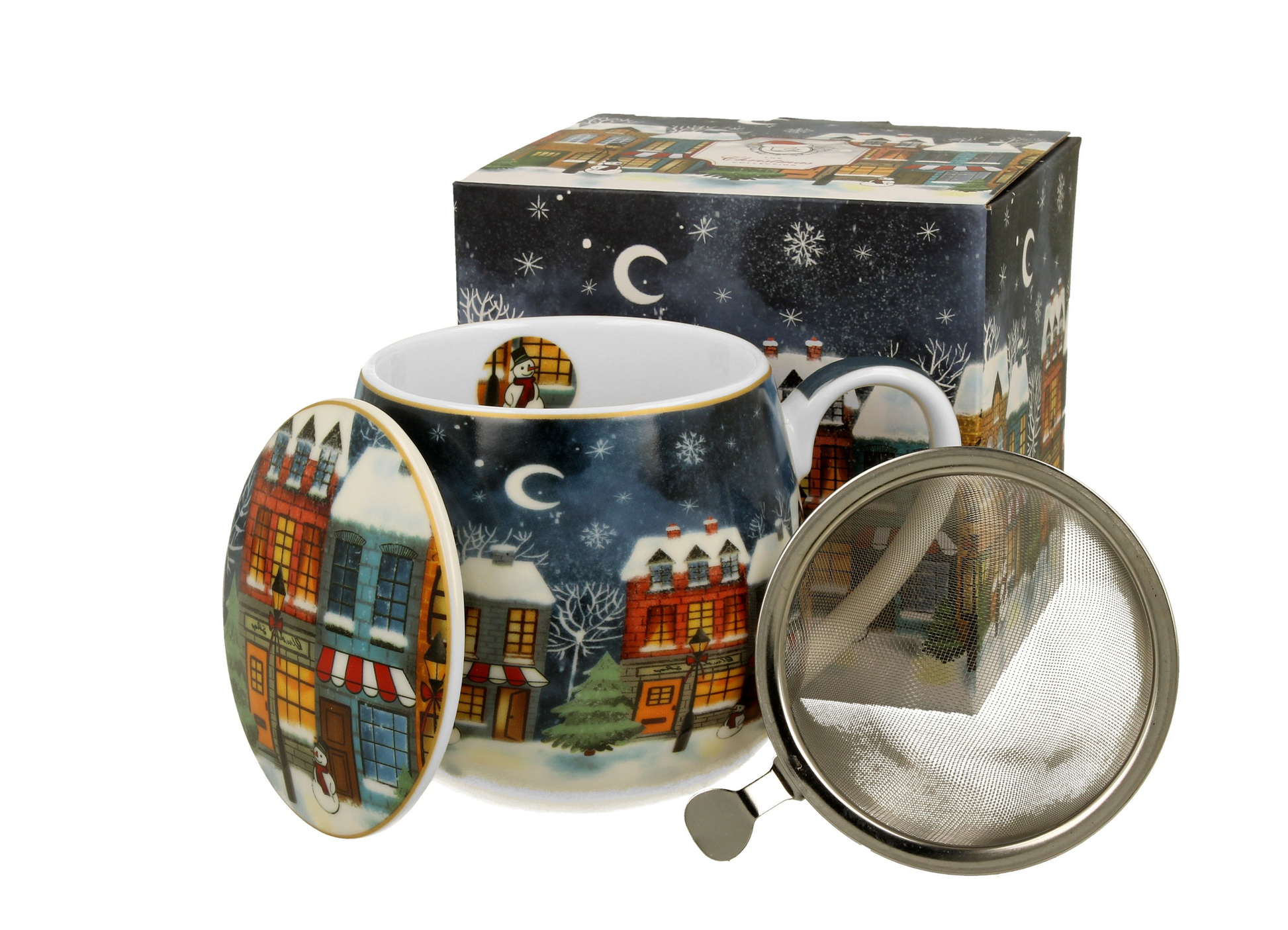 Zestaw kubek baryłka z zaparzaczem i pudełkiem Christmas City, wzór świąteczny