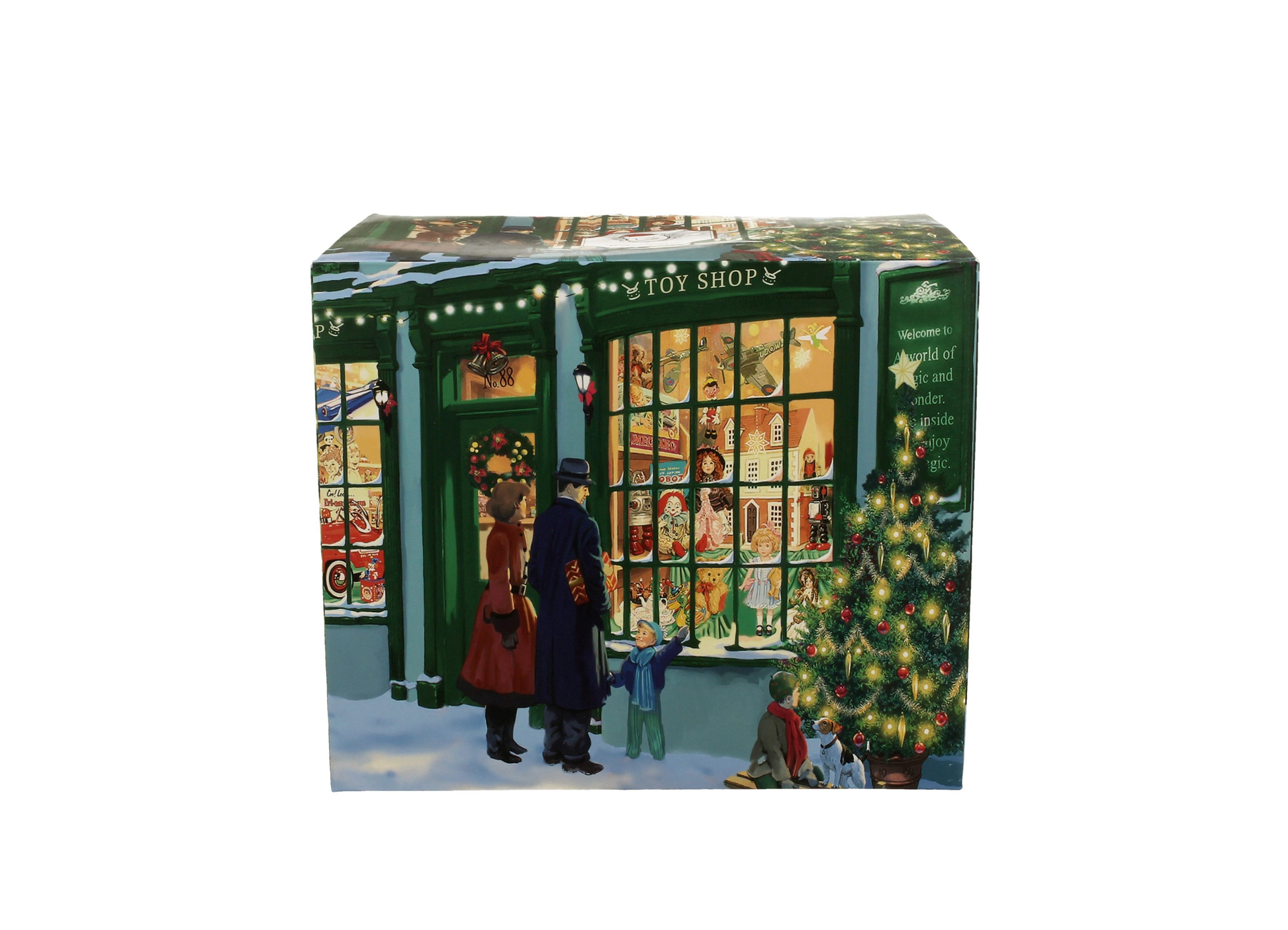 Świąteczne pudełko do kubka porcelanowego XXL Christmas Shop Window z ilustracją zimowej sceny przed sklepem z zabawkami.