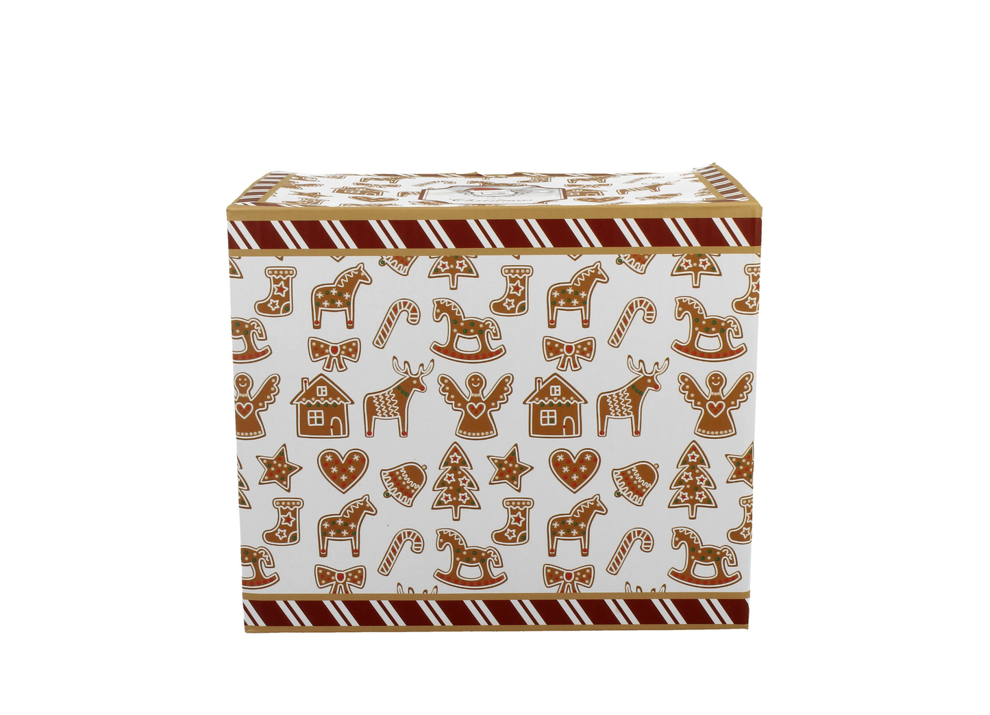 Pudełko z motywem świątecznym przedstawiające pierniczki w kształcie aniołków, reniferów i choinek.