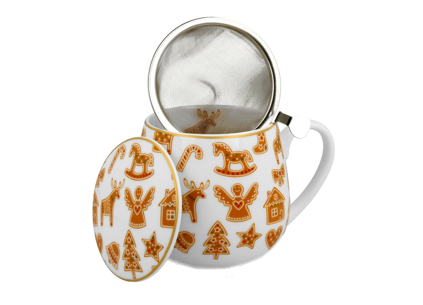 Kubek porcelanowy Gingerbread White z zaparzaczem i świątecznym wzorem pierniczków