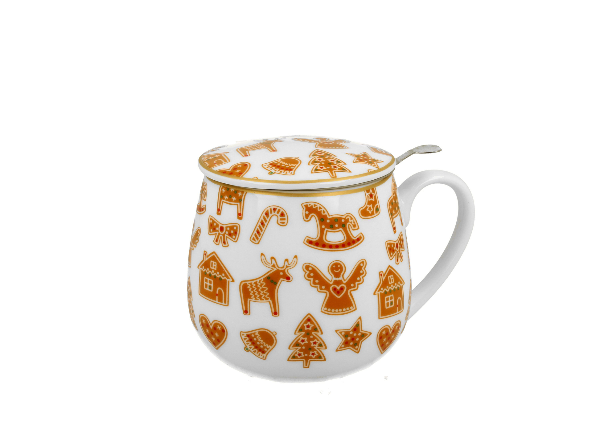 Kubek porcelanowy baryłka Gingerbread White z pokrywką, dekorowany pierniczkami