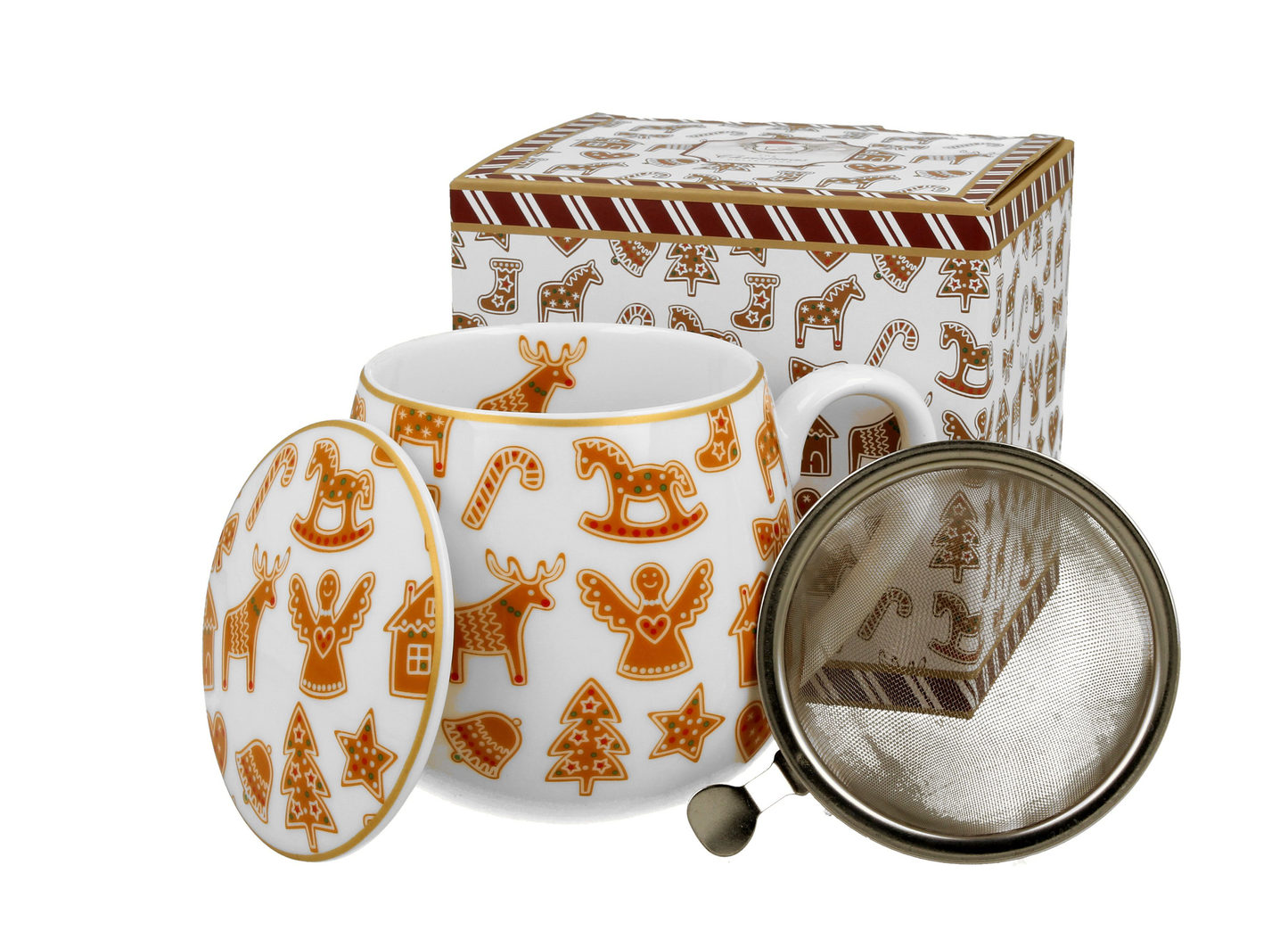 Zestaw kubek baryłka Gingerbread White z zaparzaczem i ozdobnym pudełkiem