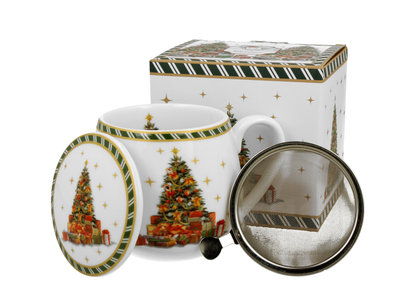 Zestaw kubek porcelanowy baryłka Christmas Tree z zaparzaczem i ozdobnym pudełkiem