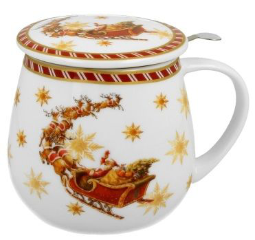 Kubek porcelanowy Santa on Sleigh 430 ml z zaparzaczem i pokrywką