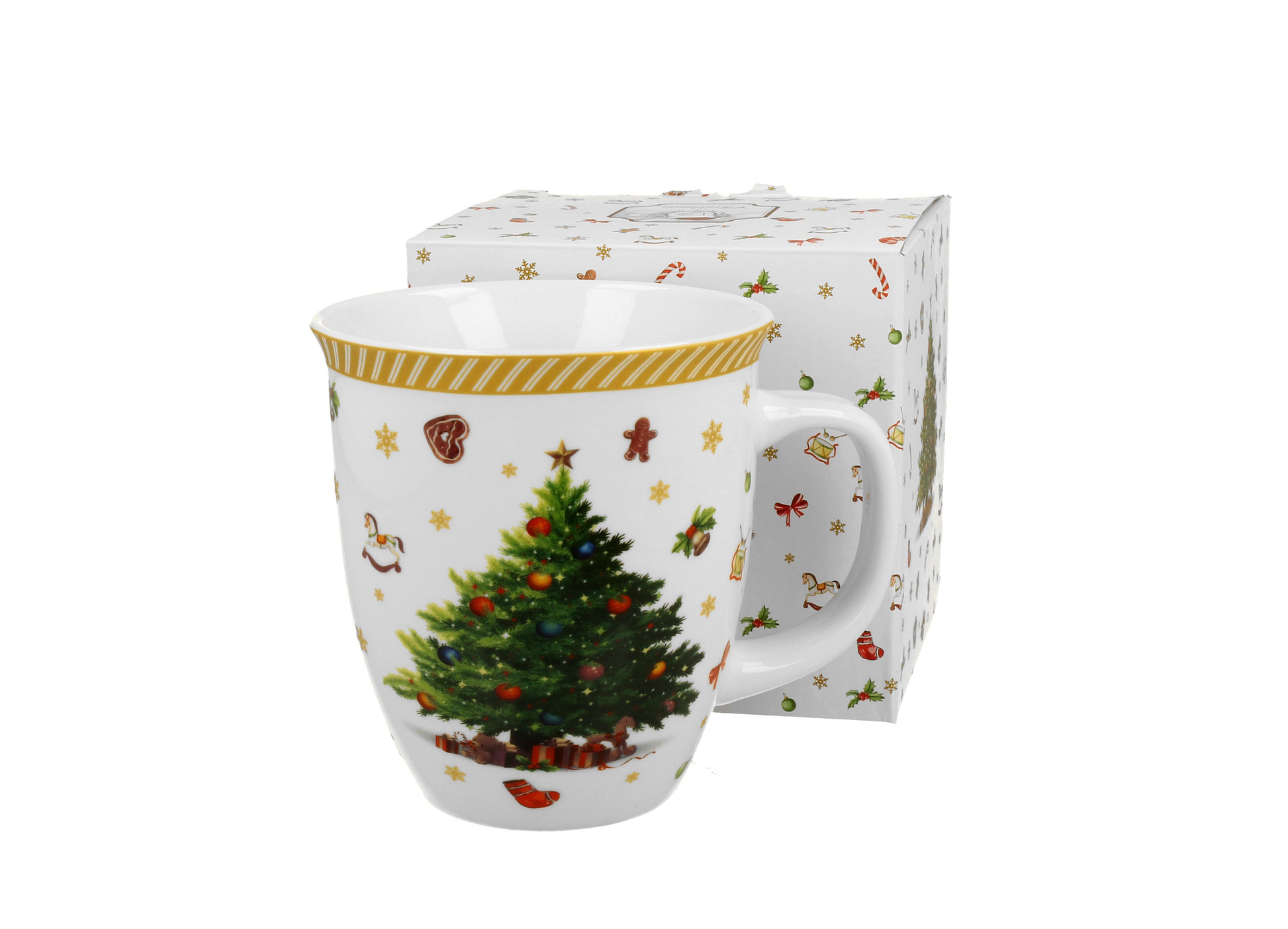 Kubek porcelanowy Christmas Tree 2 ustawiony obok dopasowanego pudełka ozdobionego świątecznym wzorem.