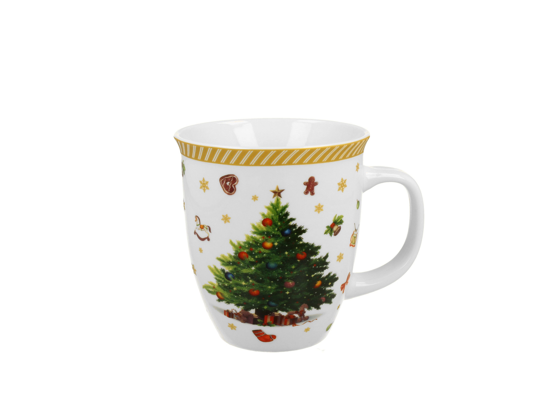 Kubek porcelanowy Christmas Tree 2 o pojemności 650 ml, zdobiony dużą zieloną choinką z bombkami i świątecznymi symbolami.