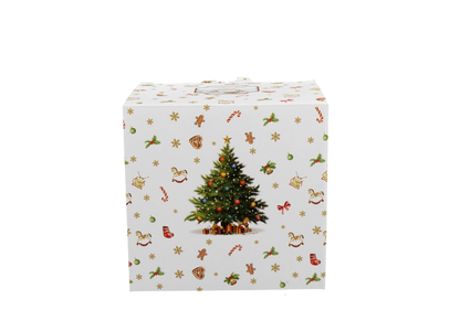 Białe pudełko prezentowe ozdobione świątecznymi motywami i choinką na środku, w którym zapakowany jest porcelanowy kubek Christmas Tree 2.