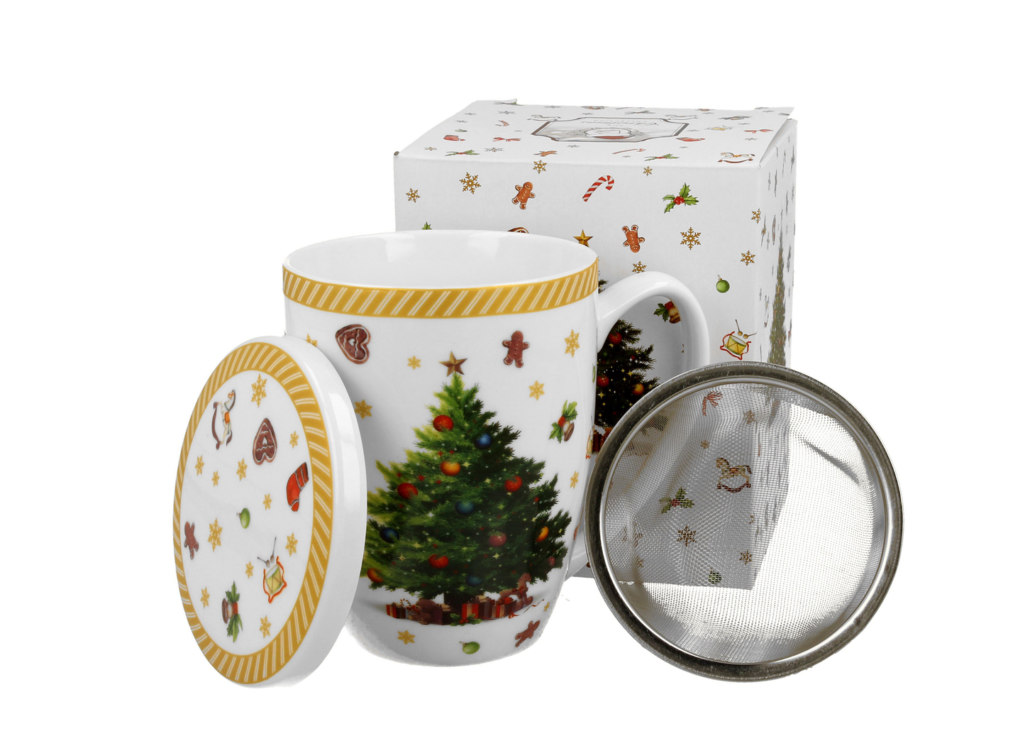 Komplet kubek porcelanowy z zaparzaczem i pudełkiem ozdobionym choinką