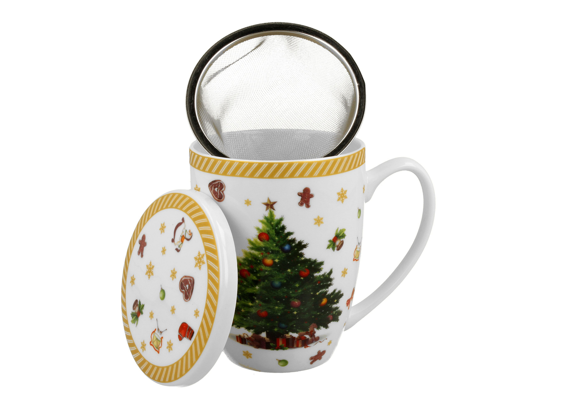 Świąteczny kubek porcelanowy z zaparzaczem i pokrywką, choinka i ozdoby