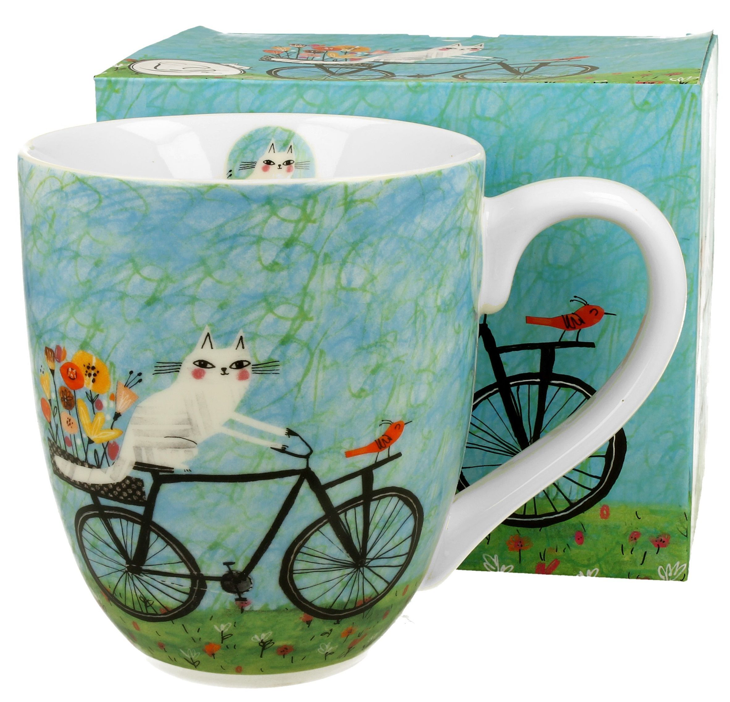 Komplet: kubek porcelanowy XXL Kot Na Rowerze 1000 ml w zestawie z ozdobnym pudełkiem prezentowym.