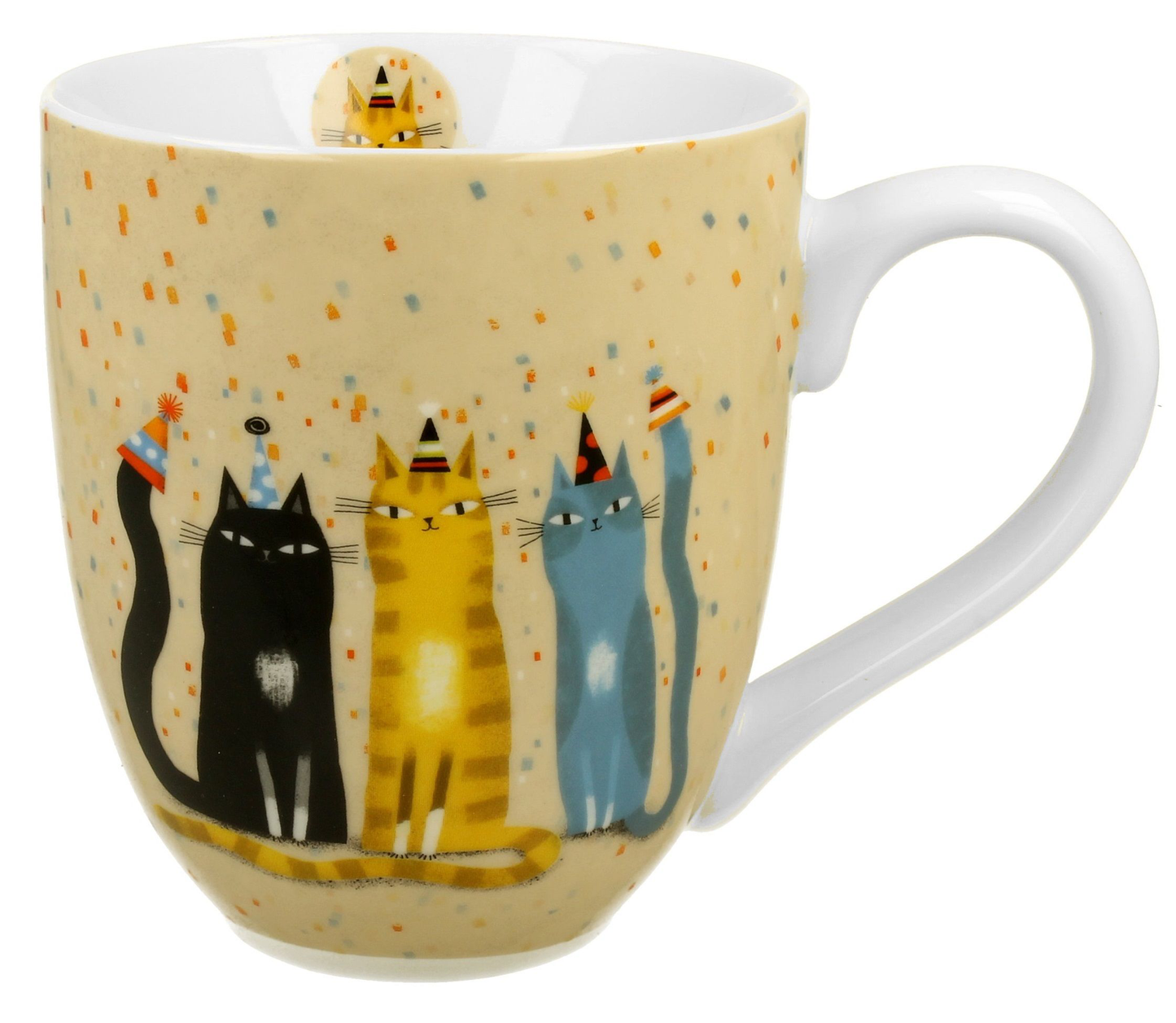 Kubek porcelanowy XXL Koci Świat Party 1000 ml z kolorowym wzorem kotów w czapkach.