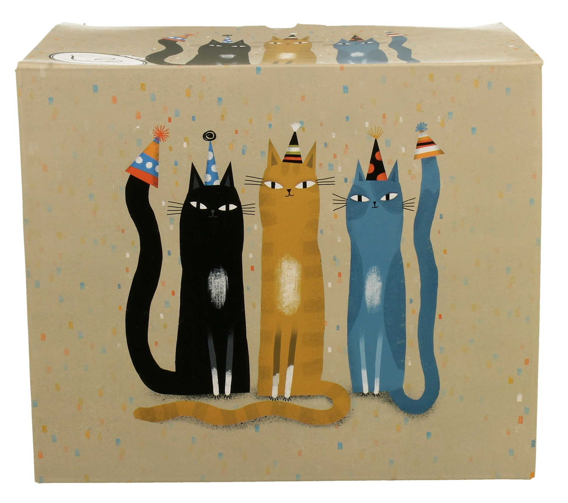 Pudełko z motywem kotów w imprezowych czapkach, w którym zapakowany jest kubek porcelanowy.