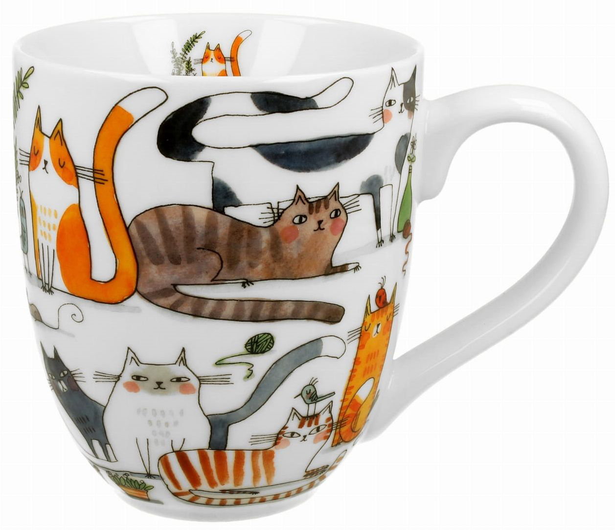 Kubek porcelanowy Koci Świat Leniwe Koty 1000 ml z kolorową ilustracją kotów, widok z boku.