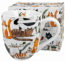 Kubek porcelanowy XXL 1000 ml z motywem leniwych kotów w różnych pozach, widok z przodu.