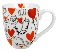 Porcelanowy kubek XXL o pojemności 1000 ml, biały, ozdobiony czarno-białymi kotami i czerwonymi oraz pomarańczowymi sercami.