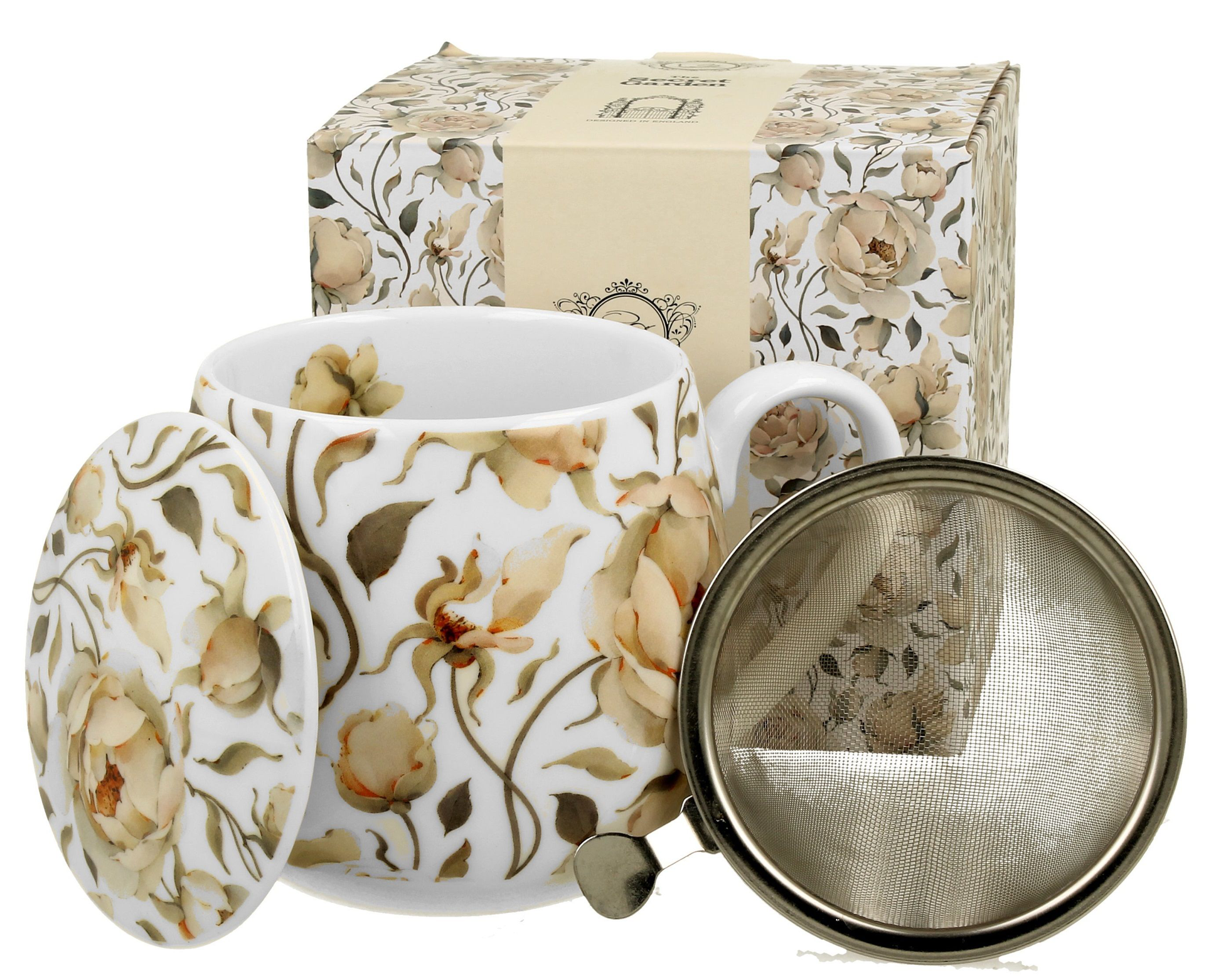 Zestaw kubek porcelanowy baryłka z zaparzaczem i pudełkiem English Roses White