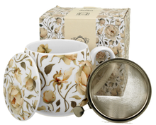 Zestaw kubek porcelanowy baryłka z zaparzaczem i pudełkiem English Roses White