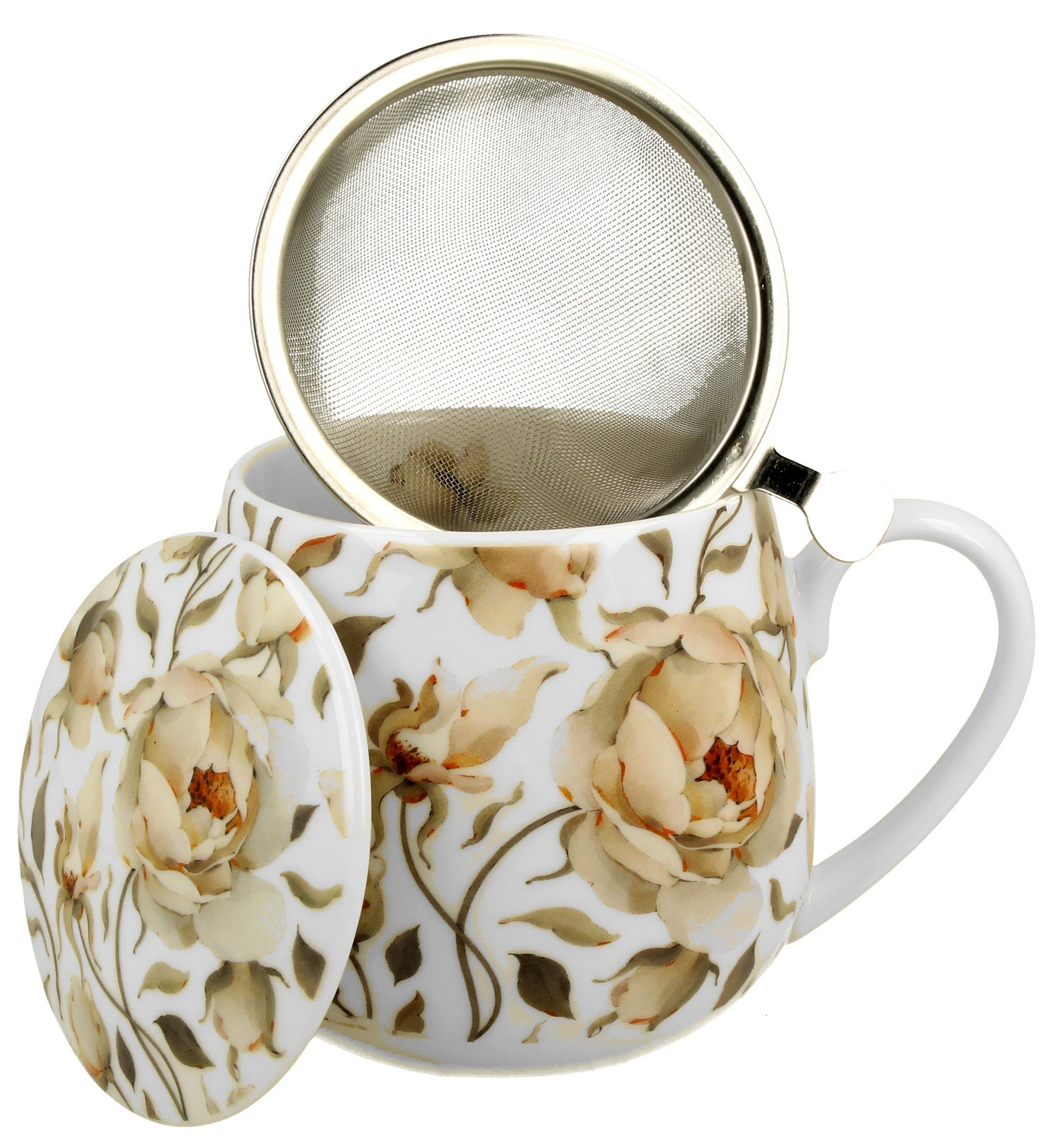 Porcelanowy kubek baryłka z pokrywką zdobiony angielskimi różami