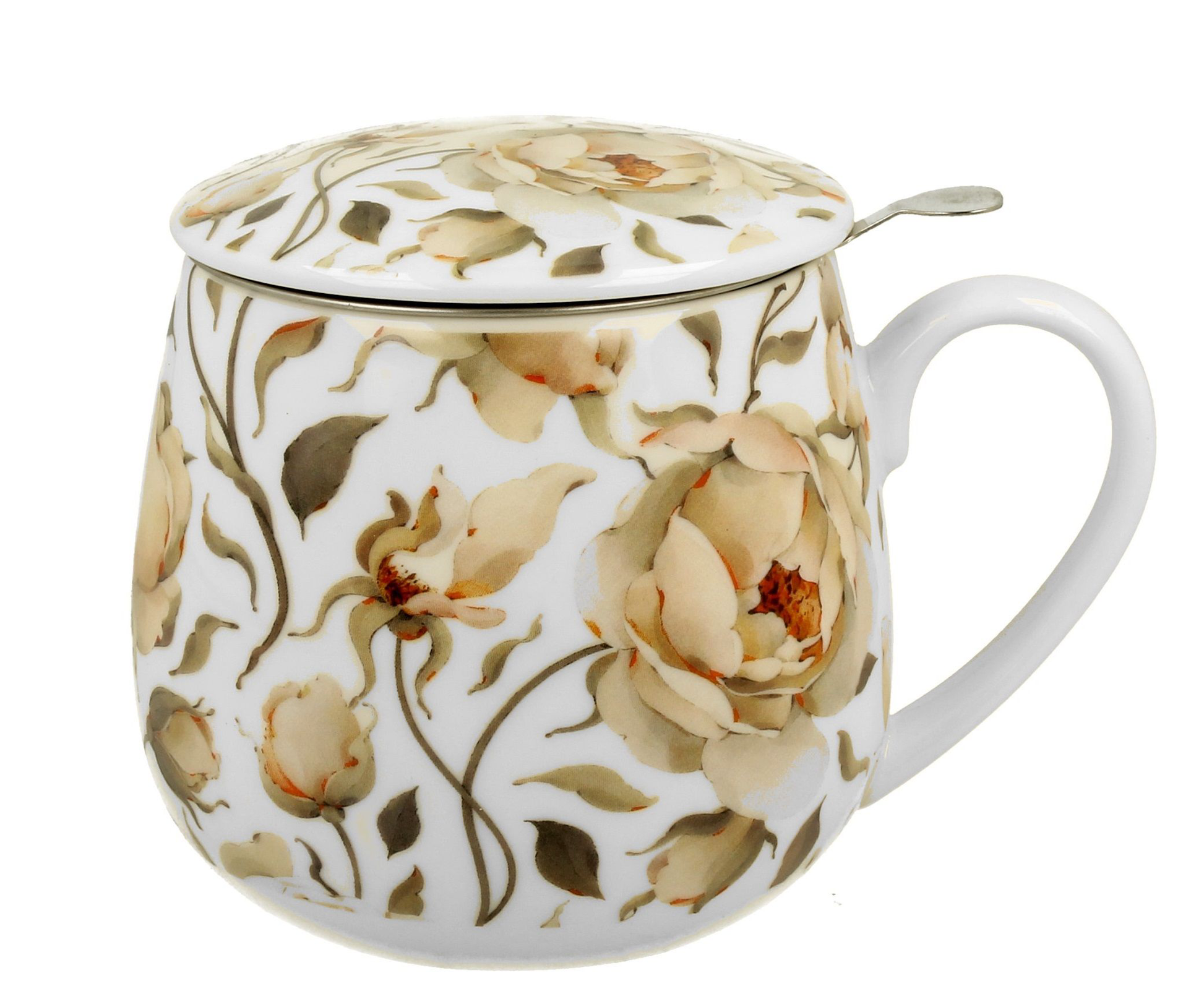 Kubek porcelanowy baryłka z zaparzaczem i pokrywką w kwiatowy wzór róż