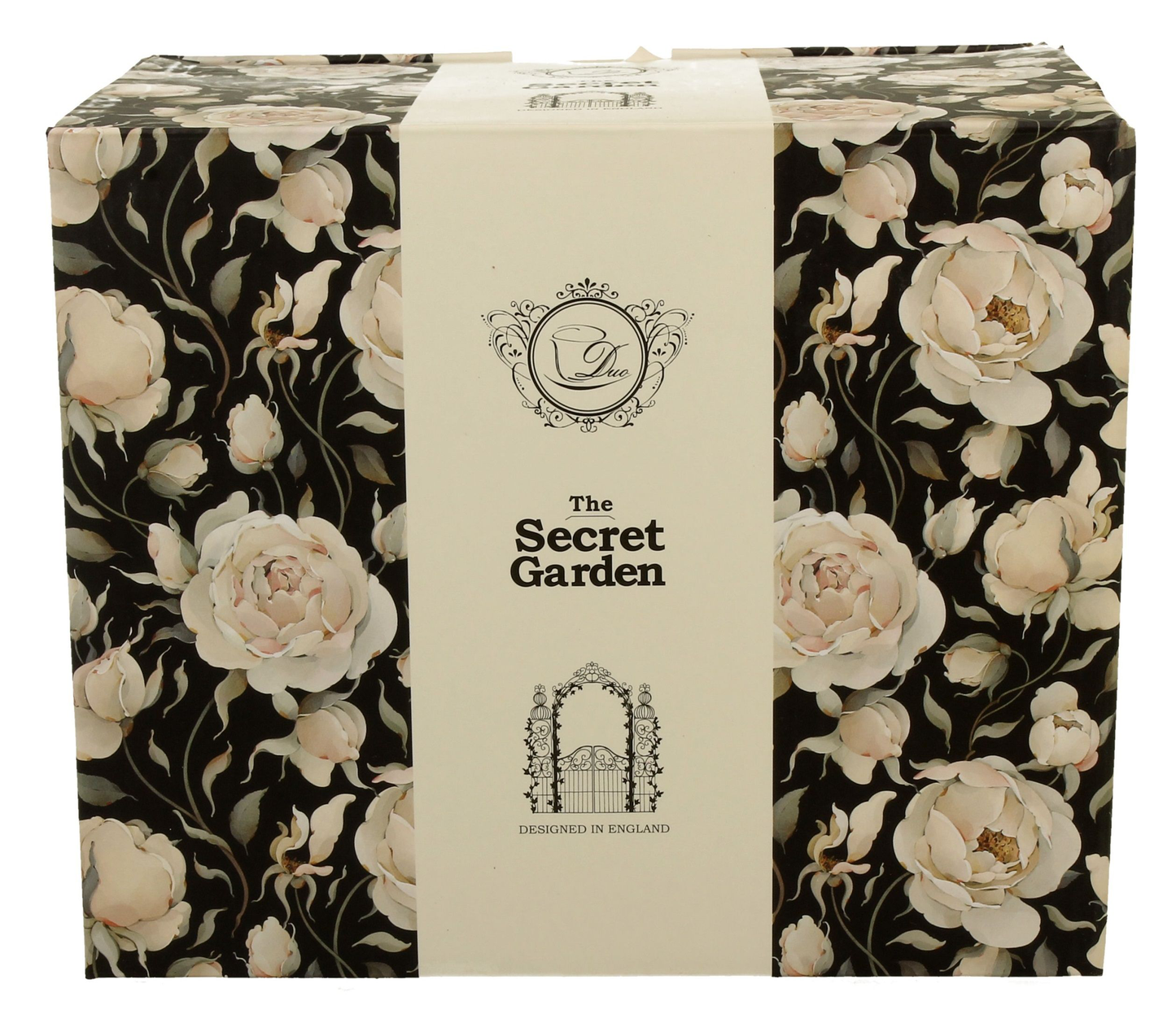 Eleganckie pudełko ozdobione motywem białych róż na czarnym tle – kolekcja Secret Garden.