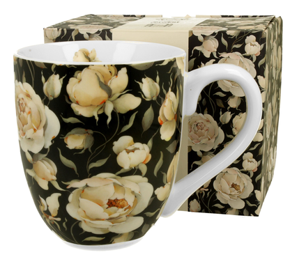 Kubek porcelanowy XXL English Roses Black 1000 ml zaprezentowany razem z ozdobnym pudełkiem.