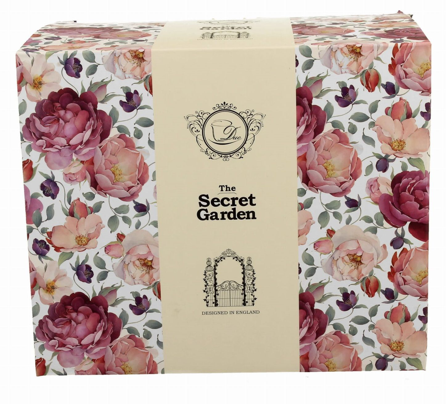 Eleganckie pudełko prezentowe z kolekcji Secret Garden zdobione kwiatami w odcieniach różu i bordo, zawierające kubek porcelanowy XXL Spring Roses White 1000 ml.