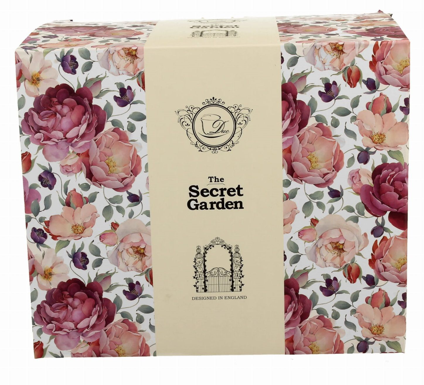 Eleganckie pudełko prezentowe z kolekcji Secret Garden zdobione kwiatami w odcieniach różu i bordo, zawierające kubek porcelanowy XXL Spring Roses White 1000 ml.