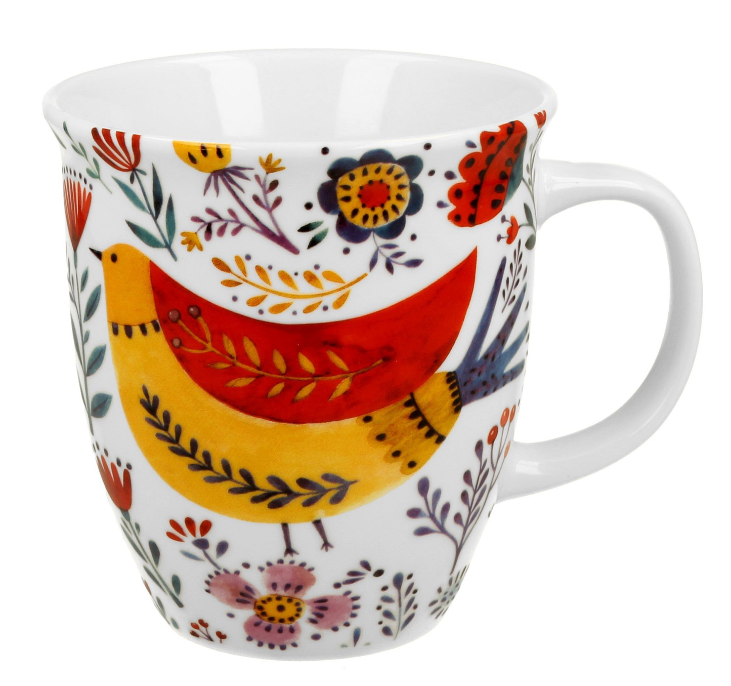 Duży porcelanowy kubek 650 ml zdobiony wzorem kolorowego ptaka na tle kwiatów.