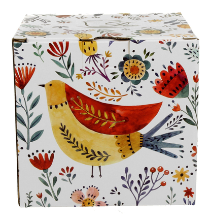 Porcelanowy kubek 650 ml z folkowym motywem kolorowego ptaka i kwiatów w ozdobnym pudełku.
